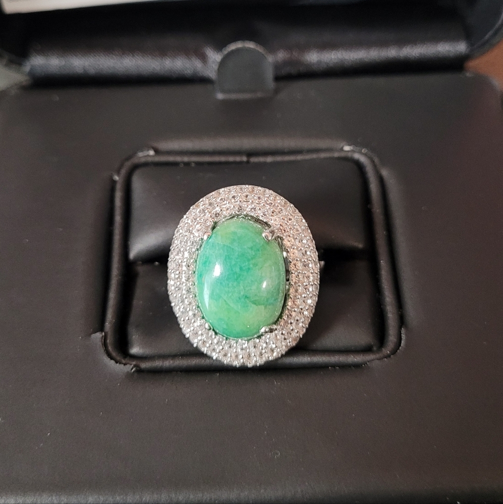 Emerald Ring with White Sapphires Platinum over Silver/White